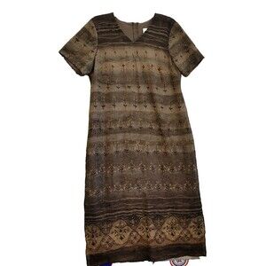 Vintage SL Fashion Dress 14 Petite Forest Green Floral Sheer Lined Crinkle Fabri